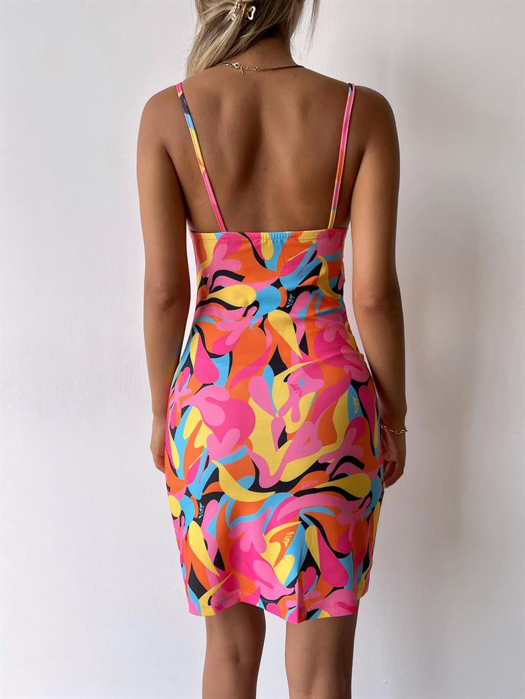 Askılı Degaje Yaka Queen Kadın Renkli Desenli Mini Elbise 23Y000100