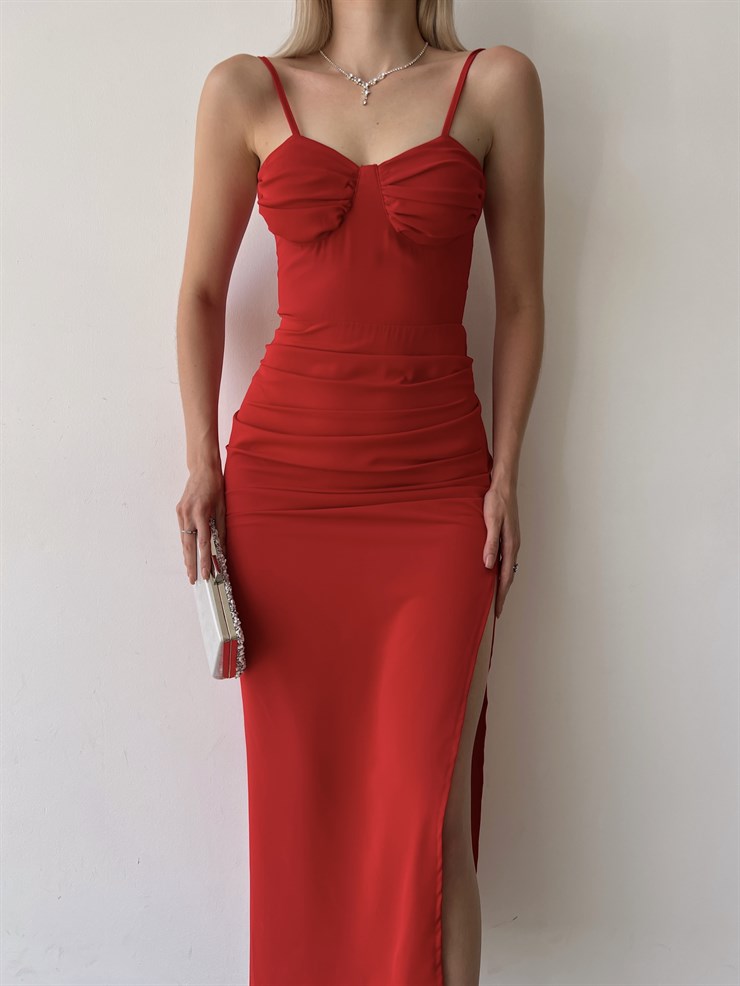 Askılı Derin Yırtmaçlı Drapeli Alda Kadın Kırmızı Uzun Elbise 22Y000342