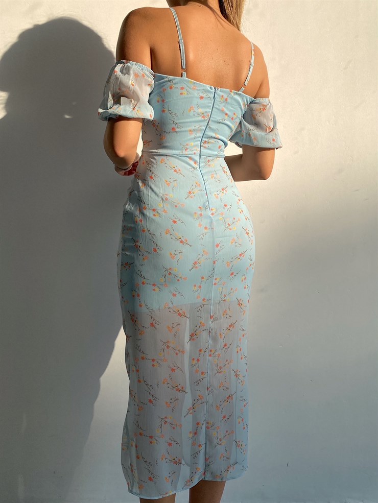 Askılı Düşük  Kol Yırtmaçlı Kadın Mavi Midi Elbise 21Y000363