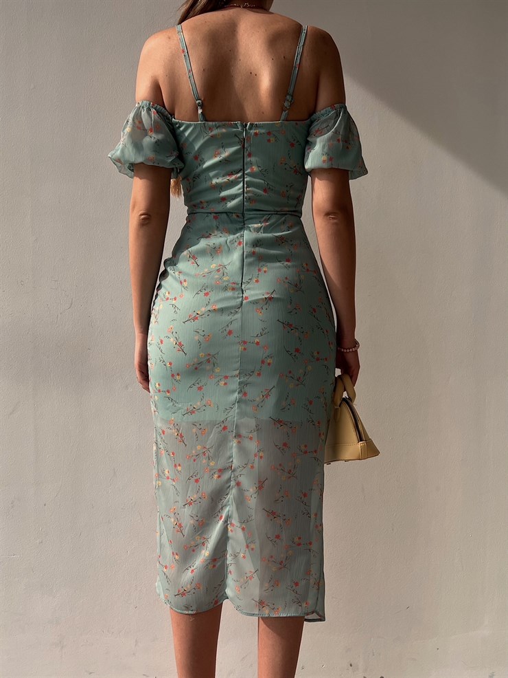 Askılı Düşük  Kol Yırtmaçlı Kadın Mint Renk Midi Elbise 21Y000363