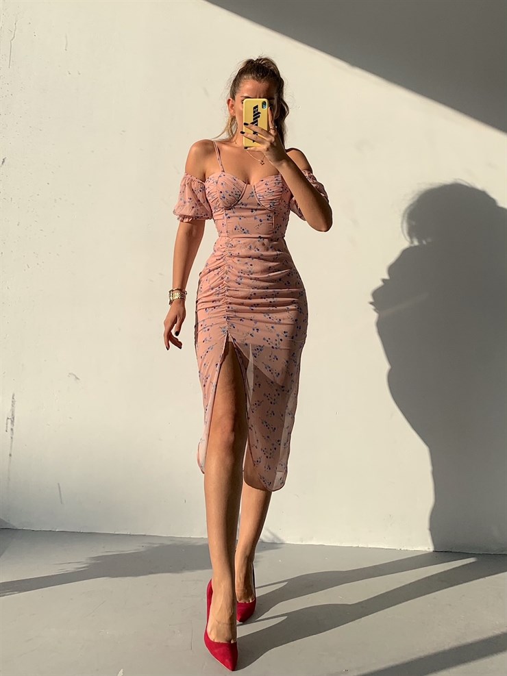 Askılı Düşük  Kol Yırtmaçlı Kadın Pudra Midi Elbise 21Y000363