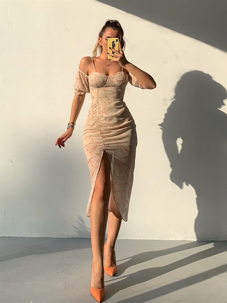 Askılı Düşük  Kol Yırtmaçlı Kadın Taş Midi Elbise 21Y000363