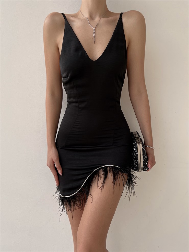 Askılı Etek Kısmı Asimetrik Kesim Püsküllü Walter Kadın Siyah Mini Elbise 22Y000201