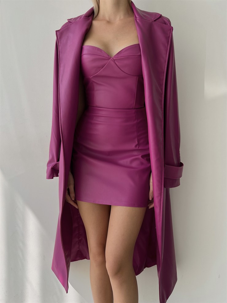 Askılı Kalp Yaka Arkası Fermuar Detaylı Auberta Fuşya Vegan Deri Bluz 23K000017