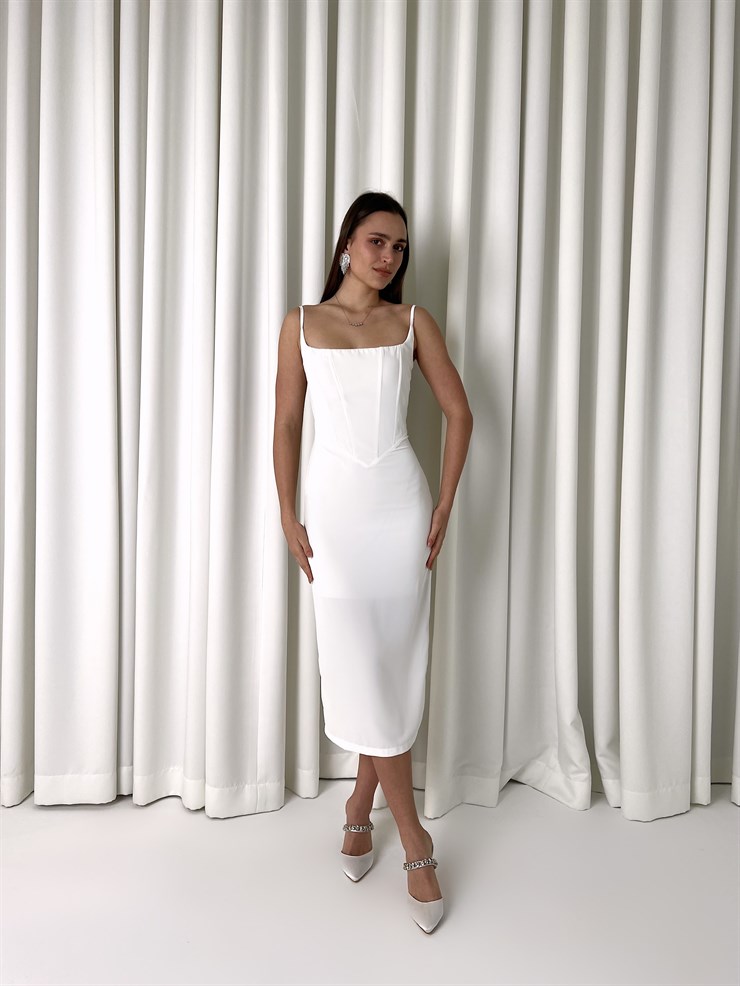 Askılı Korse Detay Tina Kadın Beyaz Kalem Midi Elbise 23K000455
