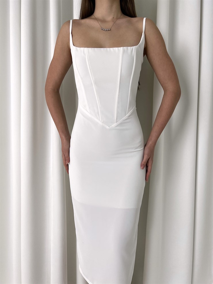Askılı Korse Detay Tina Kadın Beyaz Kalem Midi Elbise 23K000455
