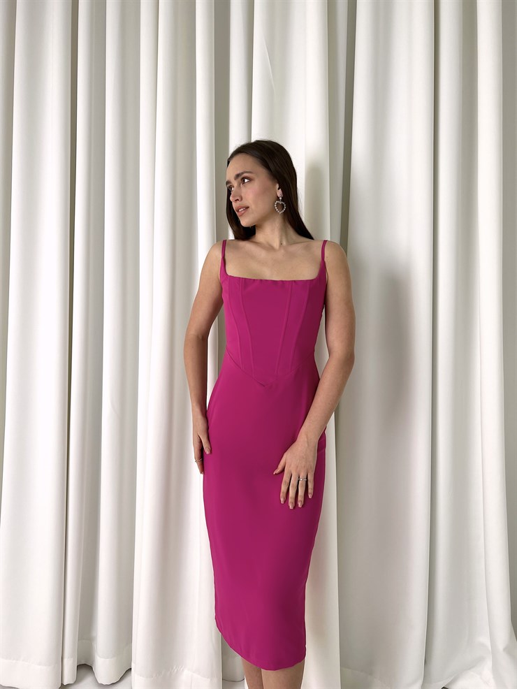 Askılı Korse Detay Tina Kadın Fuşya Kalem Midi Elbise 23K000455