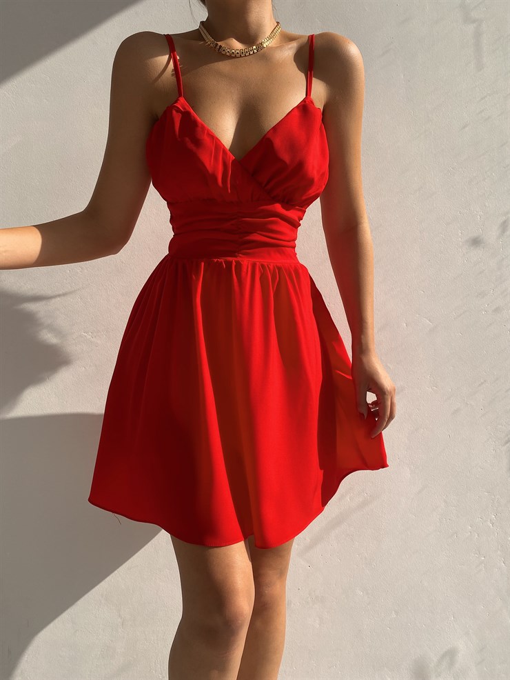 Askılı Kruvaze Yaka Pileli Melody  Kadın Kırmızı Elbise 21Y000519