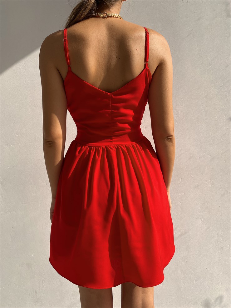 Askılı Kruvaze Yaka Pileli Melody  Kadın Kırmızı Elbise 21Y000519