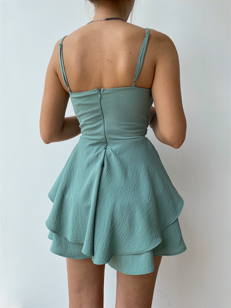 Askılı Kruvaze Yaka Volanlı Kadın Mint Şort Tulum 21Y000421