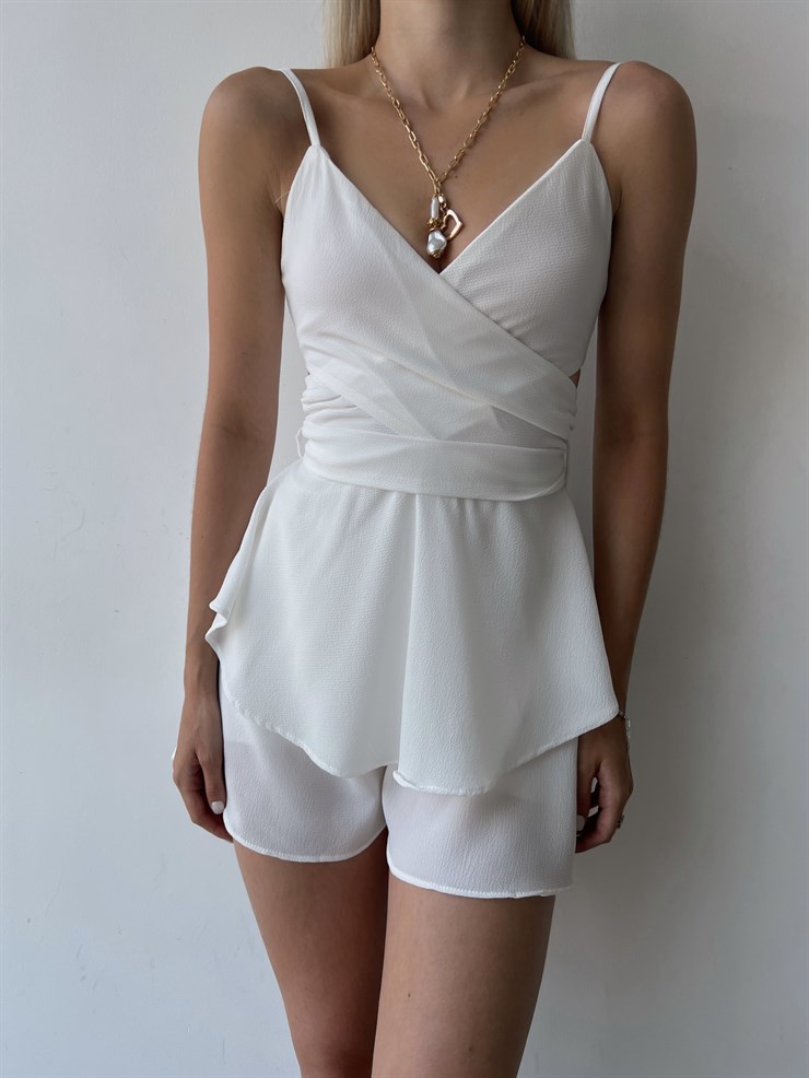 Askılı Kuruvaze Yaka Bel Dekolteli Volanlı Elisha Kadın Beyaz Şort Tulum 22Y000296