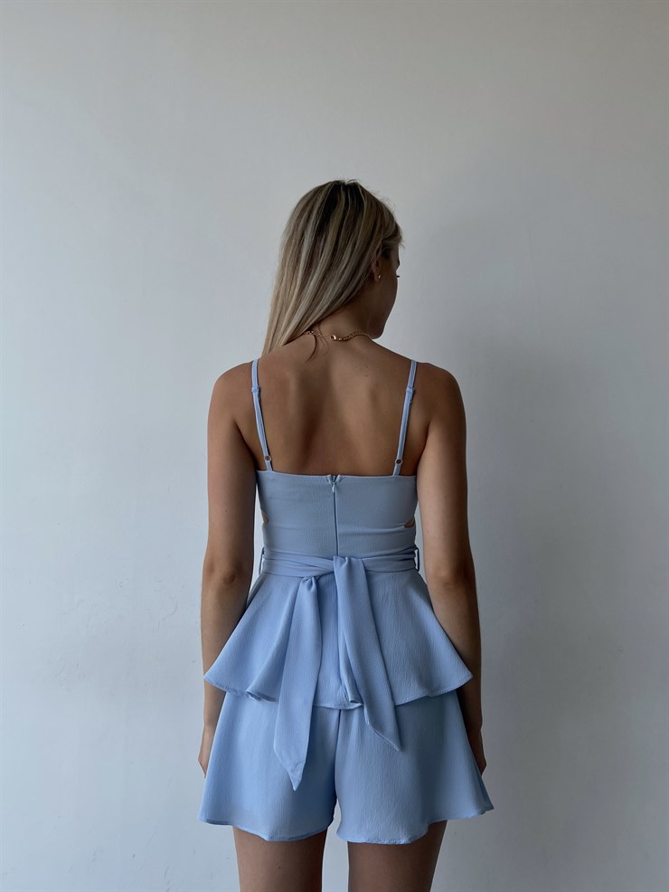 Askılı Kuruvaze Yaka Bel Dekolteli Volanlı Elisha Kadın Bebe Mavi Şort Tulum 22Y000296