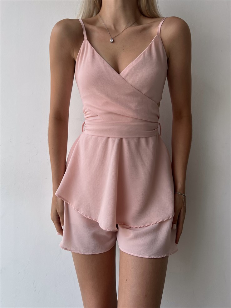 Askılı Kuruvaze Yaka Bel Dekolteli Volanlı Elisha Kadın Pudra Şort Tulum 22Y000296