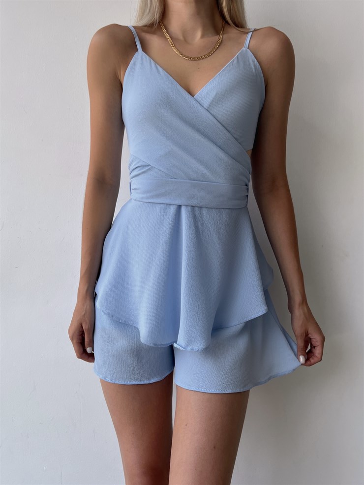 Askılı Kuruvaze Yaka Bel Dekolteli Volanlı Elisha Kadın Bebe Mavi Şort Tulum 22Y000296