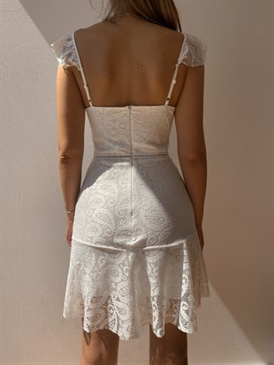 Askısı Ve Eteği Volanlı Dantel Lace Kadın Beyaz Elbise 21Y000491