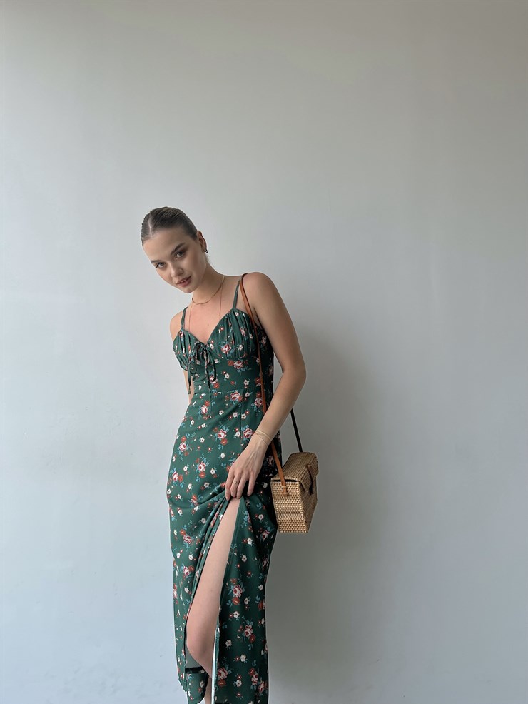 Askılı Midi Boy Göğüsü Drapeli Çiçek Desenli Yırtmaçlı Ardere Kadın Yeşil Elbise 22Y000358