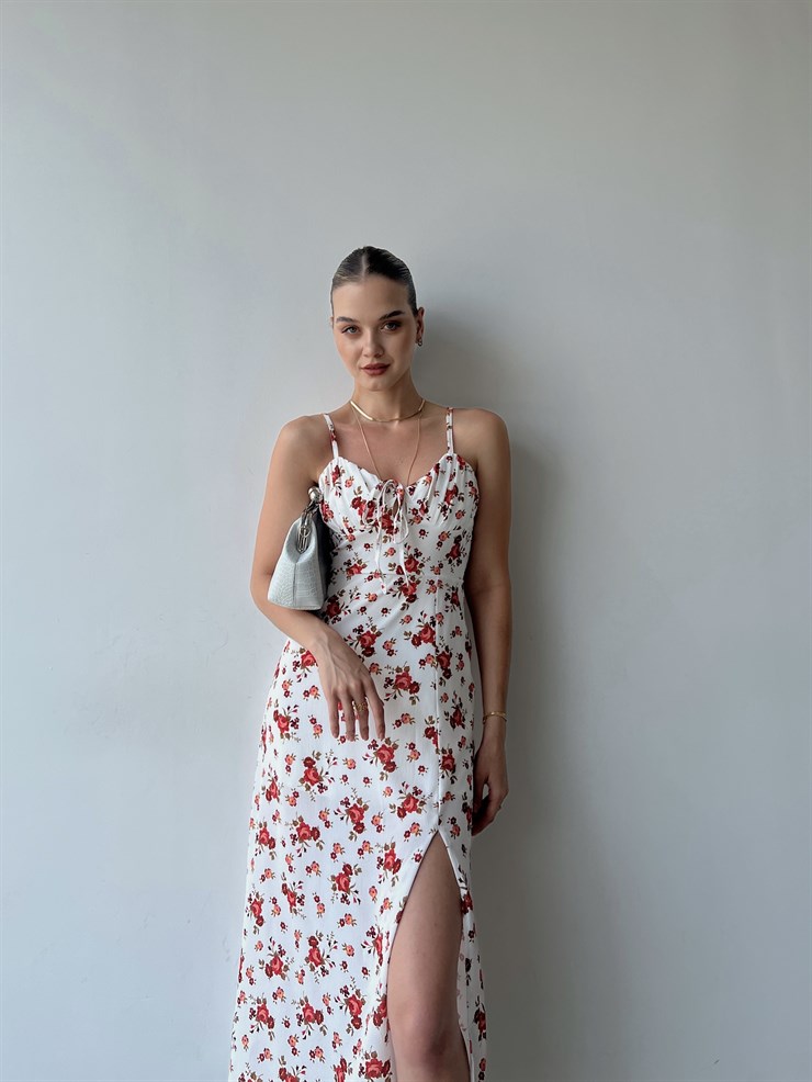 Askılı Midi Boy Göğüsü Drapeli Çiçek Desenli Yırtmaçlı Ardere Kadın Beyaz Elbise 22Y000358