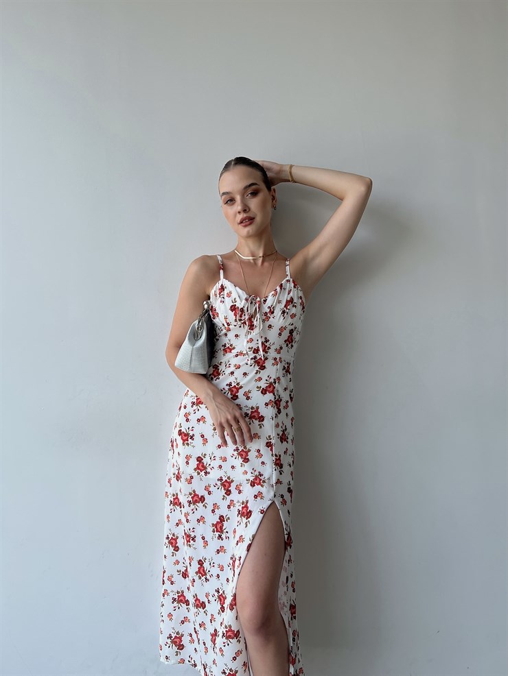 Askılı Midi Boy Göğüsü Drapeli Çiçek Desenli Yırtmaçlı Ardere Kadın Beyaz Elbise 22Y000358