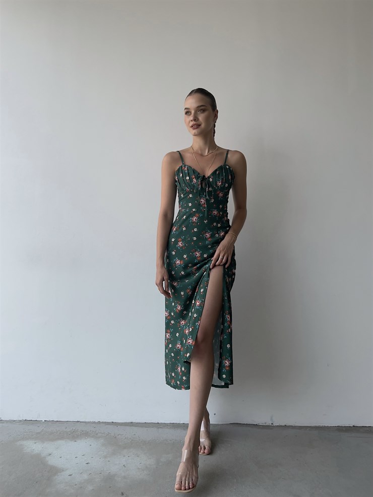 Askılı Midi Boy Göğüsü Drapeli Çiçek Desenli Yırtmaçlı Ardere Kadın Yeşil Elbise 22Y000358