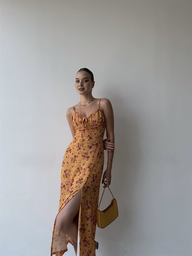 Askılı Midi Boy Göğüsü Drapeli Çiçek Desenli Yırtmaçlı Ardere Kadın Hardal Elbise 22Y000358