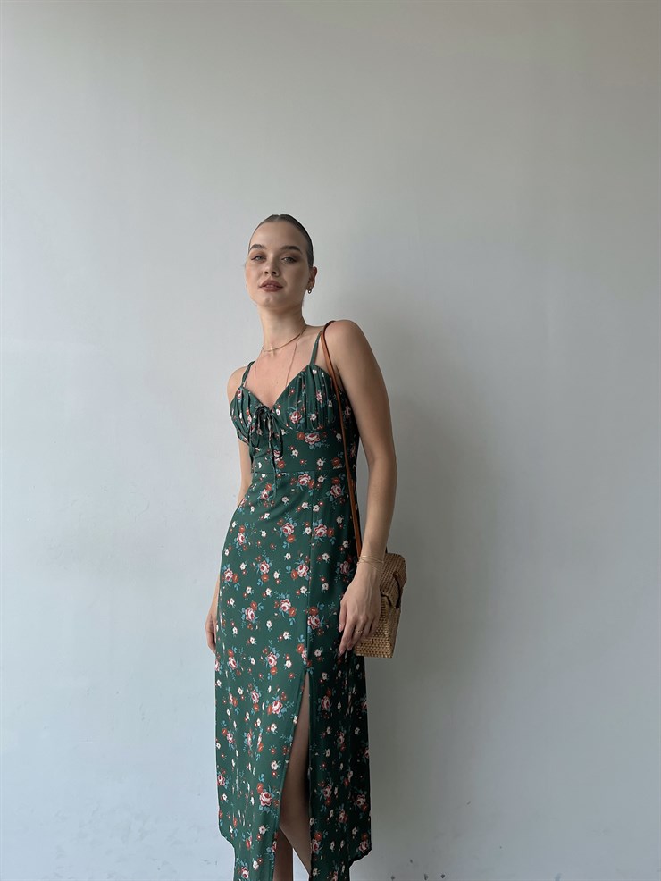 Askılı Midi Boy Göğüsü Drapeli Çiçek Desenli Yırtmaçlı Ardere Kadın Yeşil Elbise 22Y000358