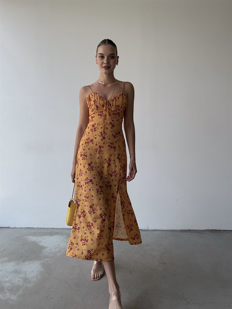 Askılı Midi Boy Göğüsü Drapeli Çiçek Desenli Yırtmaçlı Ardere Kadın Hardal Elbise 22Y000358