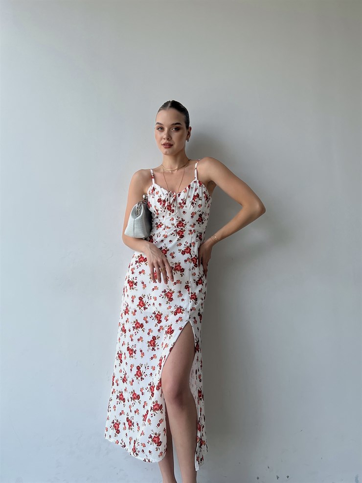 Askılı Midi Boy Göğüsü Drapeli Çiçek Desenli Yırtmaçlı Ardere Kadın Beyaz Elbise 22Y000358