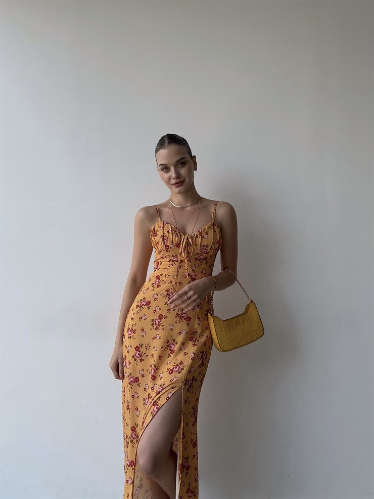 Askılı Midi Boy Göğüsü Drapeli Çiçek Desenli Yırtmaçlı Ardere Kadın Hardal Elbise 22Y000358