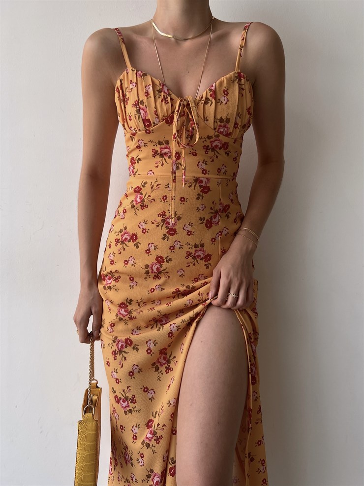 Askılı Midi Boy Göğüsü Drapeli Çiçek Desenli Yırtmaçlı Ardere Kadın Hardal Elbise 22Y000358