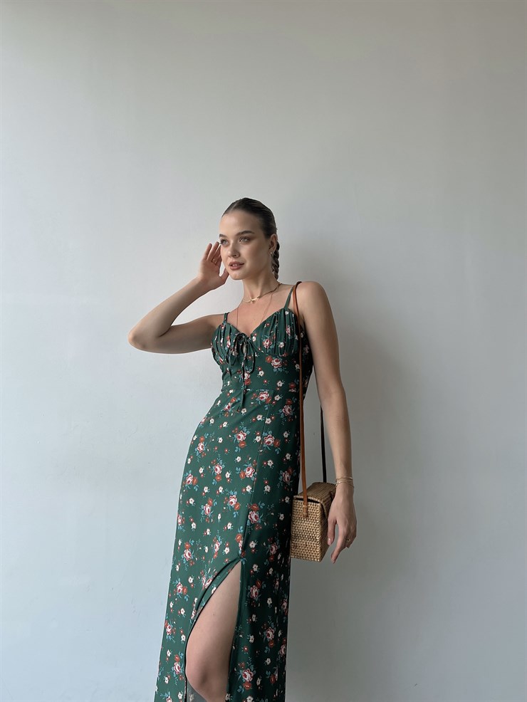 Askılı Midi Boy Göğüsü Drapeli Çiçek Desenli Yırtmaçlı Ardere Kadın Yeşil Elbise 22Y000358