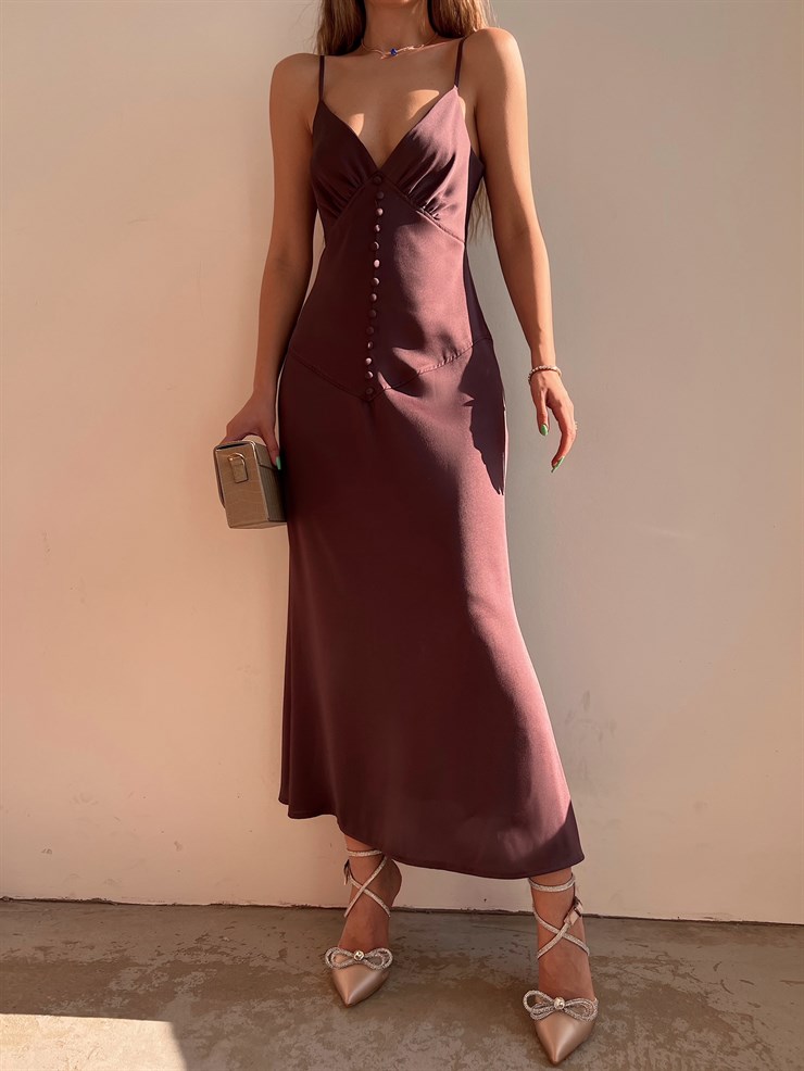 Askılı Önden Düğme Detay Julissa Kadın Kahverengi Uzun Elbise 22Y000083