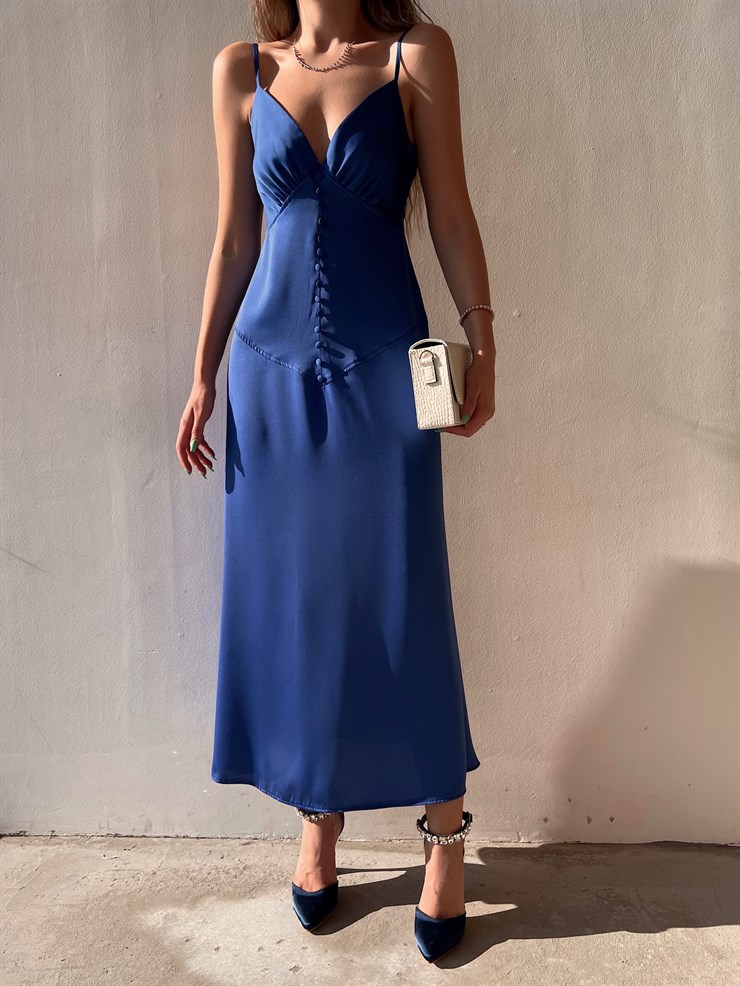 Askılı Önden Düğme Detay Saten Julissa Kadın Saks Uzun Elbise 22Y000083