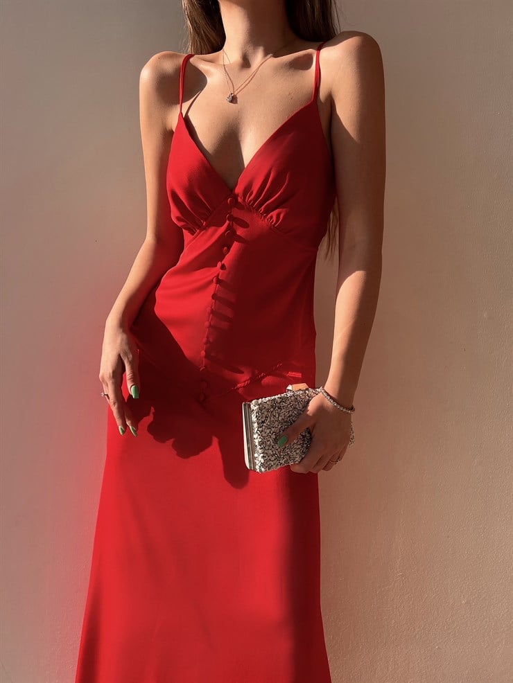 Askılı Önden Düğme Detay Saten Julissa Kadın Kırmızı Uzun Elbise 22Y000083