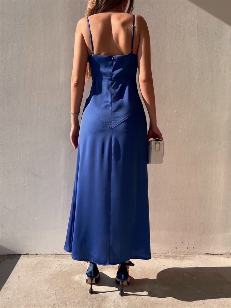 Askılı Önden Düğme Detay Saten Julissa Kadın Saks Uzun Elbise 22Y000083