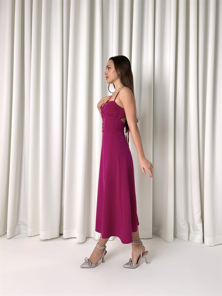 Askılı Önü Büzgülü Düğme Detaylı Sırt Dekolteli Yırtmaçlı Urien Kadın Fuşya Midi Elbise 23K000454