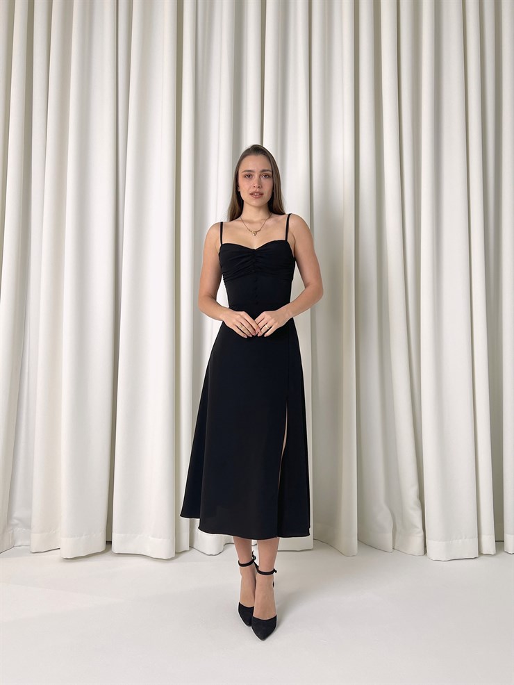 Askılı Önü Büzgülü Düğme Detaylı Sırt Dekolteli Yırtmaçlı Urien Kadın Siyah Midi Elbise 23K000454