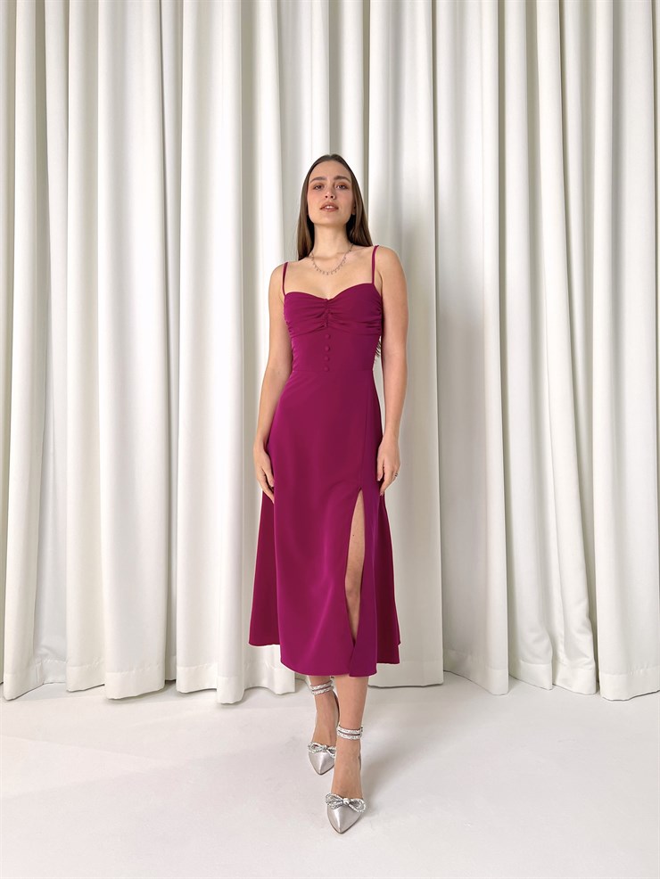 Askılı Önü Büzgülü Düğme Detaylı Sırt Dekolteli Yırtmaçlı Urien Kadın Fuşya Midi Elbise 23K000454