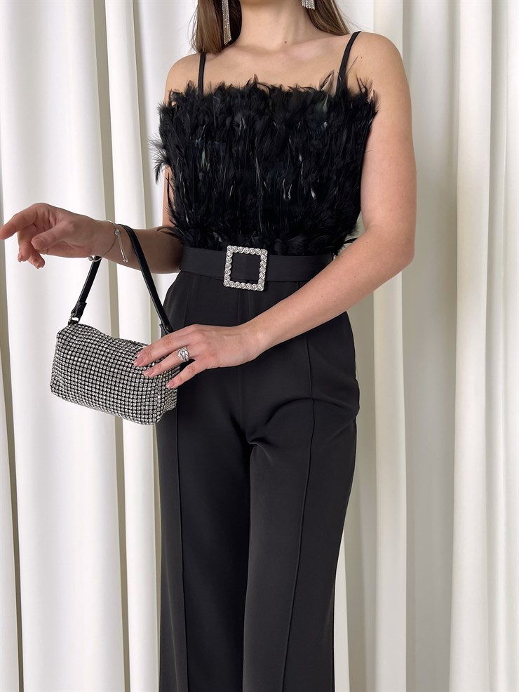 Askılı Önü Tüy Detaylı Belden Kemerli Paddy Kadın Siyah Tulum 23K000444