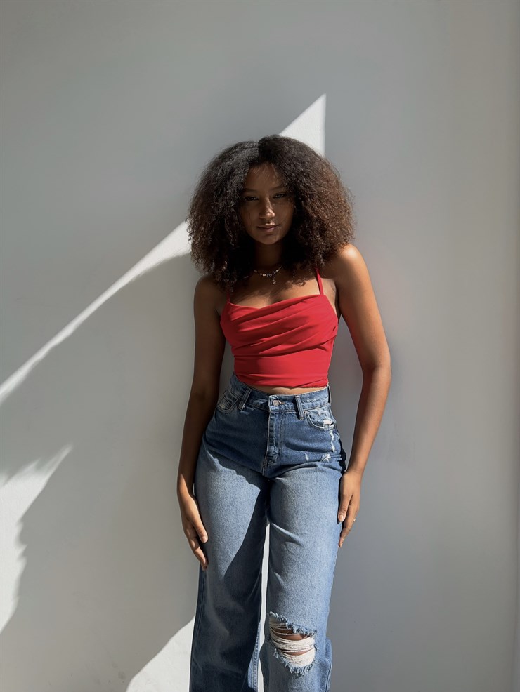 Askılı Sırt Dekolteli Göğüs Drpeli Tosia Kadın Kırmızı Crop Bluz 22Y000388