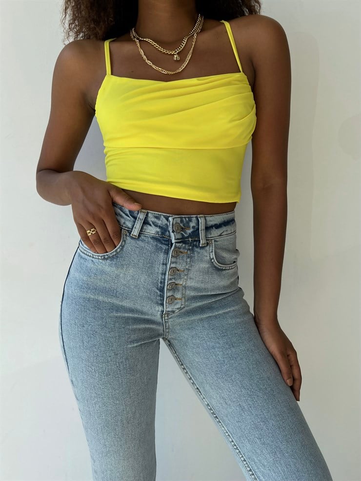 Askılı Sırt Dekolteli Göğüs Drpeli Tosia Kadın Sarı Crop Bluz 22Y000388