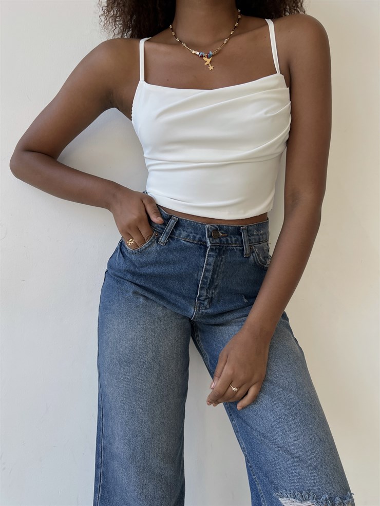 Askılı Sırt Dekolteli Göğüs Drpeli Tosia Kadın Beyaz Crop Bluz 22Y000388