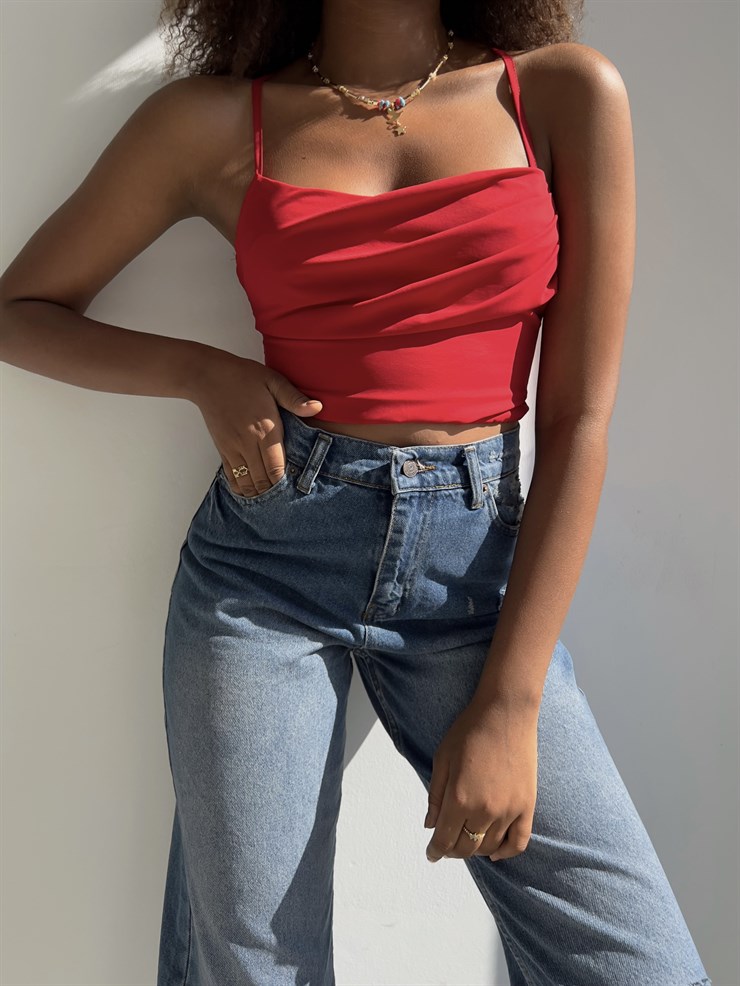 Askılı Sırt Dekolteli Göğüs Drpeli Tosia Kadın Kırmızı Crop Bluz 22Y000388