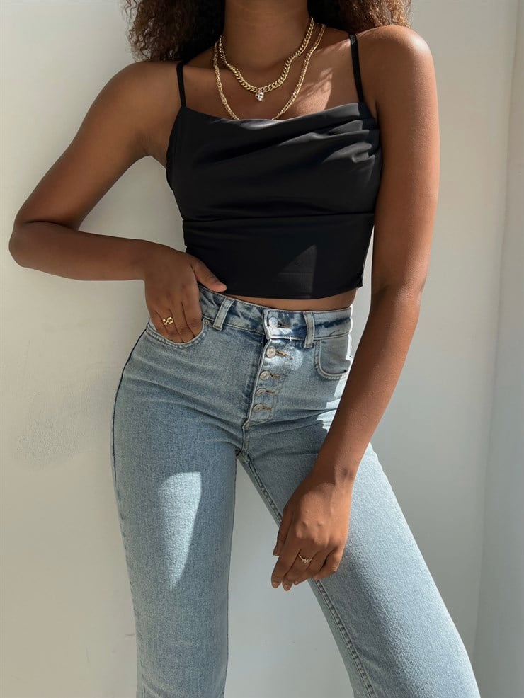 Askılı Sırt Dekolteli Göğüs Drpeli Tosia Kadın Siyah Crop Bluz 22Y000388