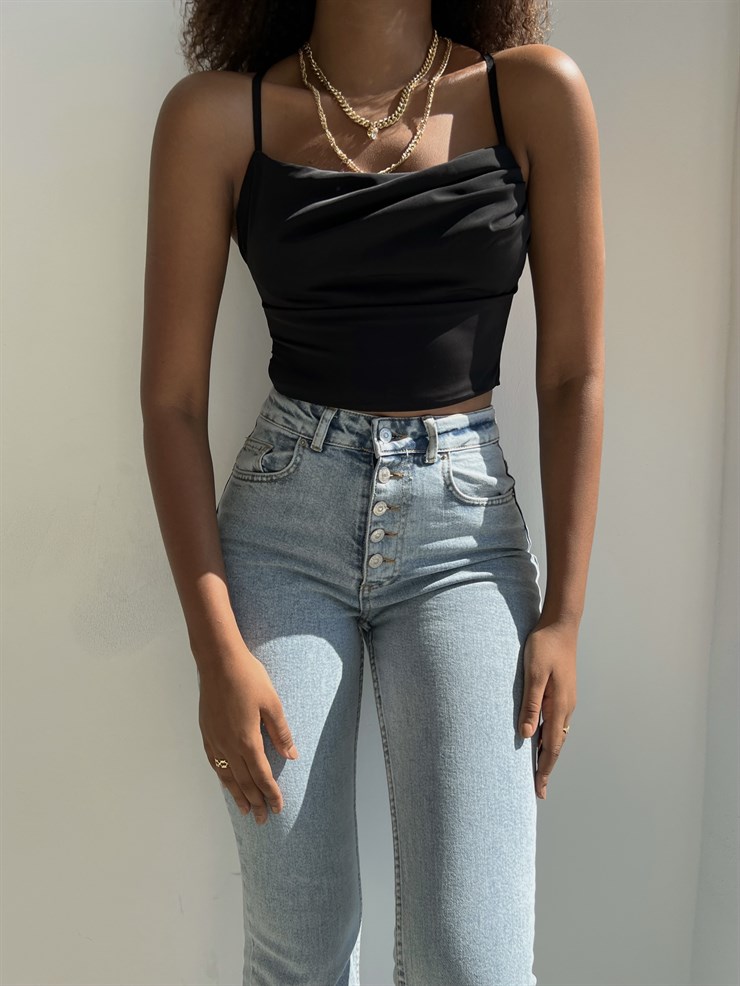 Askılı Sırt Dekolteli Göğüs Drpeli Tosia Kadın Siyah Crop Bluz 22Y000388