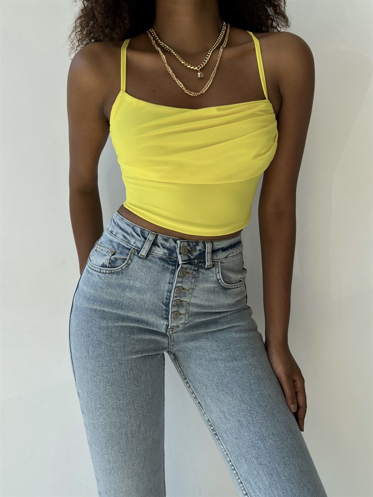 Askılı Sırt Dekolteli Göğüs Drpeli Tosia Kadın Sarı Crop Bluz 22Y000388