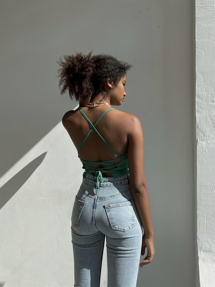 Askılı Sırt Dekolteli Göğüs Drpeli Tosia Kadın Yeşil Crop Bluz 22Y000388