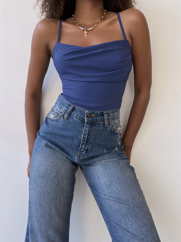 Askılı Sırt Dekolteli Göğüs Drpeli Tosia Kadın İndigo Crop Bluz 22Y000388