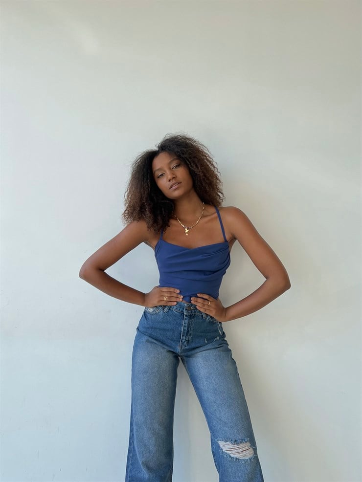Askılı Sırt Dekolteli Göğüs Drpeli Tosia Kadın İndigo Crop Bluz 22Y000388