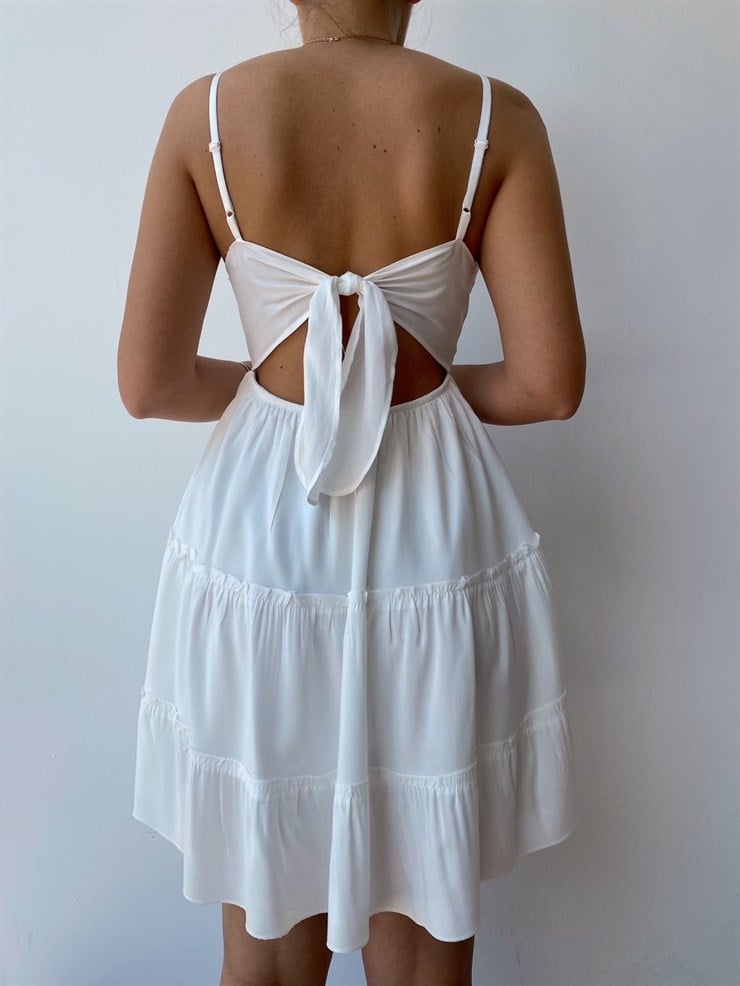 Askılı Sırtı Bağlamalı Volanlı Kadın Beyaz Elbise 21Y000393