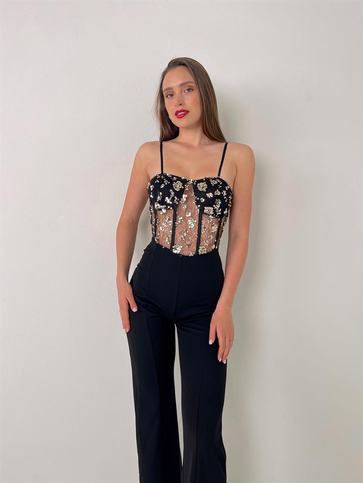 Askılı Transparan Korse Görünümlü Önü Taşlı Merg Kadın Siyah Tulum 23Y000081